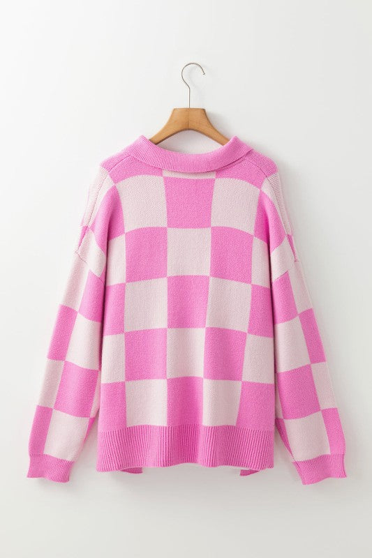 Women’s Checker Half Buttoned Collar Drop Shoulder Sweater | Zarnesh