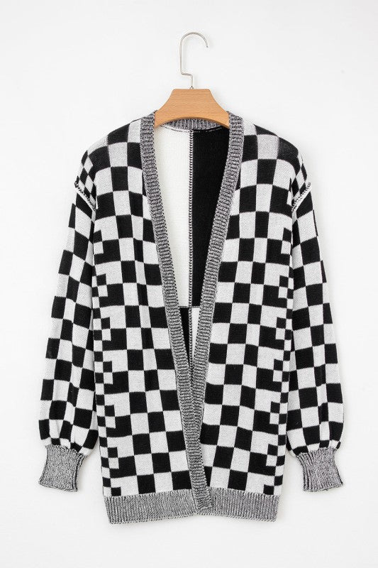 Women’s Checker Open Front Drop Shoulder Cardigan Sweater | Zarnesh