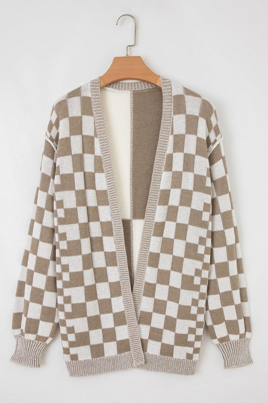Women’s Checker Open Front Drop Shoulder Cardigan Sweater | Zarnesh