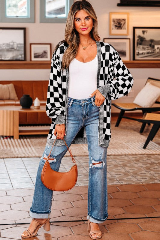 Women’s Checker Open Front Drop Shoulder Cardigan Sweater | Zarnesh