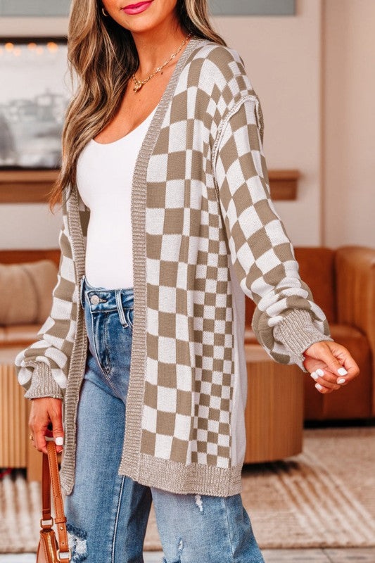 Women’s Checker Open Front Drop Shoulder Cardigan Sweater | Zarnesh