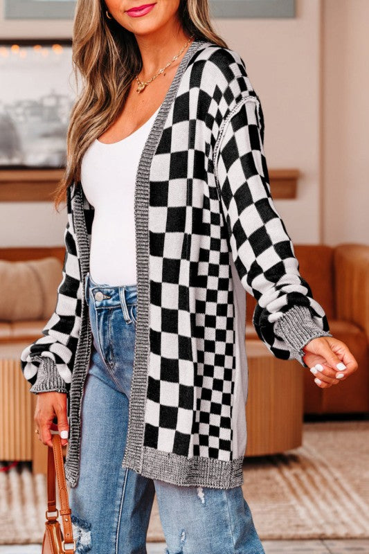 Women’s Checker Open Front Drop Shoulder Cardigan Sweater | Zarnesh