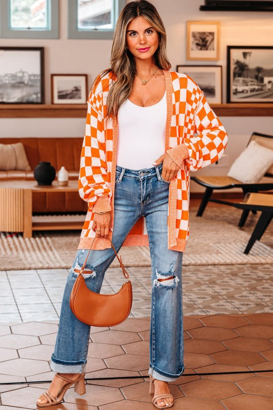 Women’s Checker Open Front Drop Shoulder Cardigan Sweater | Zarnesh