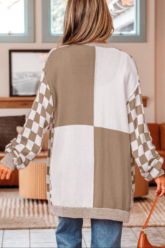 Women’s Checker Open Front Drop Shoulder Cardigan Sweater | Zarnesh