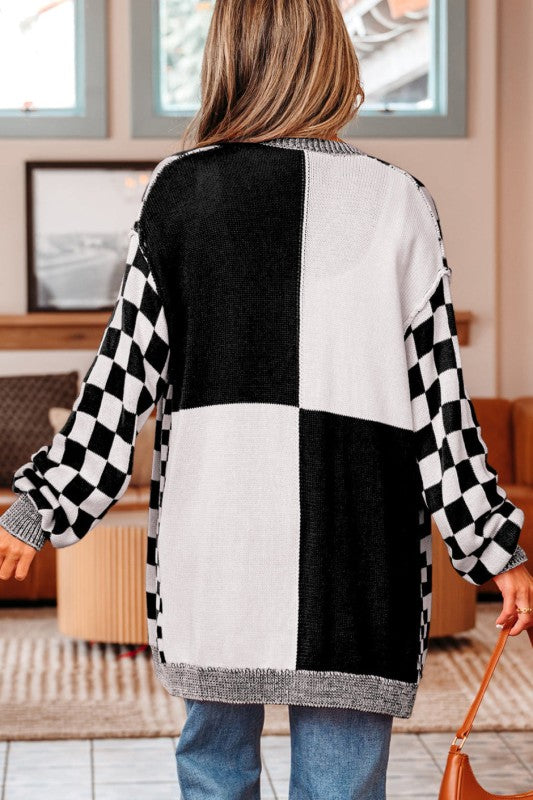 Women’s Checker Open Front Drop Shoulder Cardigan Sweater | Zarnesh