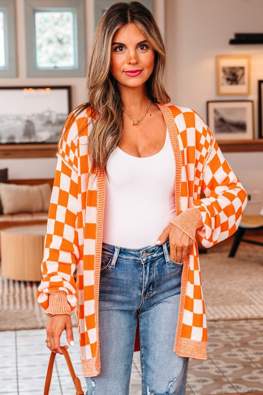 Women’s Checker Open Front Drop Shoulder Cardigan Sweater | Zarnesh