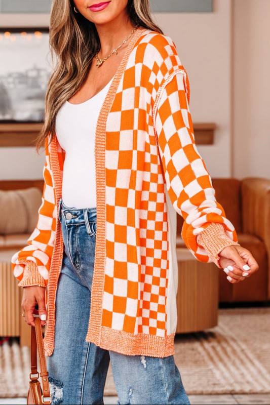 Women’s Checker Open Front Drop Shoulder Cardigan Sweater | Zarnesh