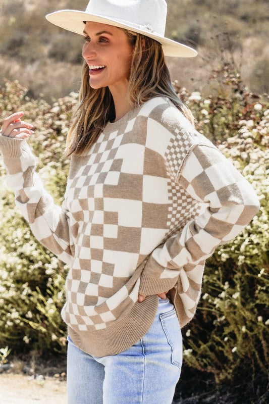 Women's Checker Round Neck Drop Shoulder Sweater | Zarnesh