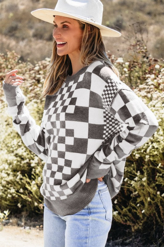 Women's Checker Round Neck Drop Shoulder Sweater | Zarnesh