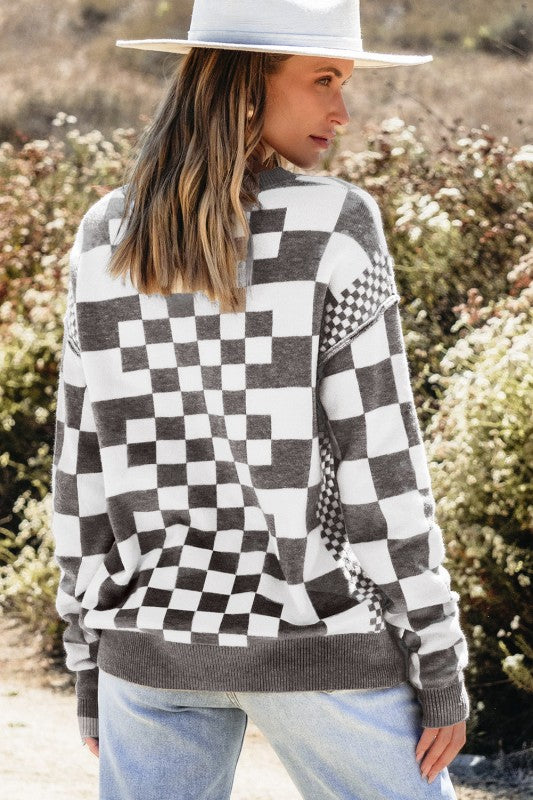 Women's Checker Round Neck Drop Shoulder Sweater | Zarnesh