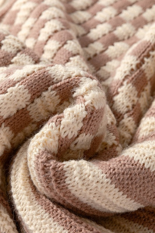 Women’s Checkerboard Stripe Knit Balloon Sleeve Sweater | Zarnesh