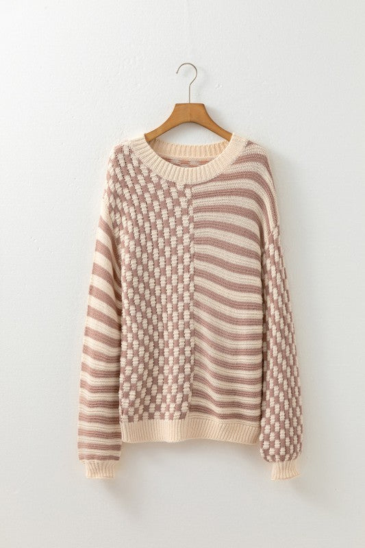 Women’s Checkerboard Stripe Knit Balloon Sleeve Sweater | Zarnesh