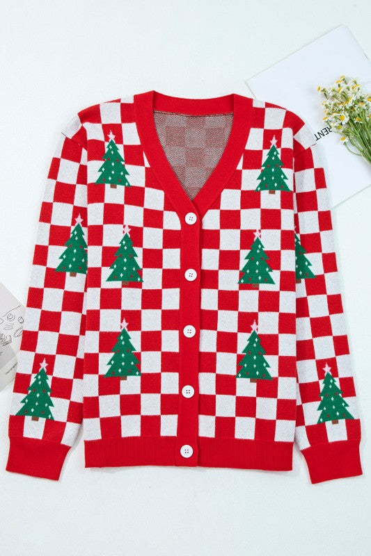 Women’s Checkered Christmas Tree Buttoned Cardigan Sweater | Zarnesh