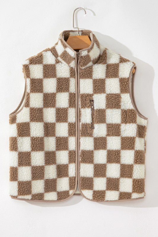 Women's Checkered Sherpa Collared Jacket Vest | Zarnesh