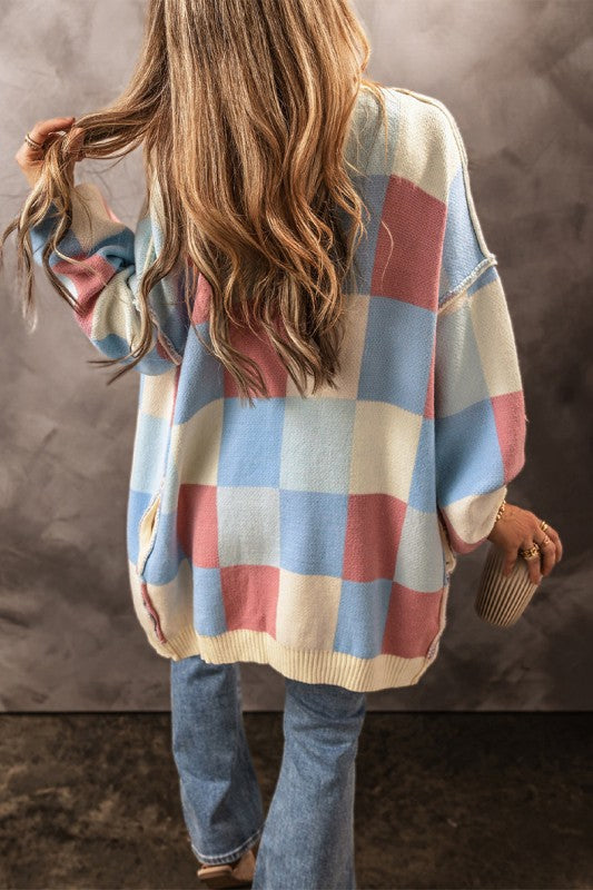 Women’s Checkered Open Front Seam Drop Shoulder Cardigan | Zarnesh