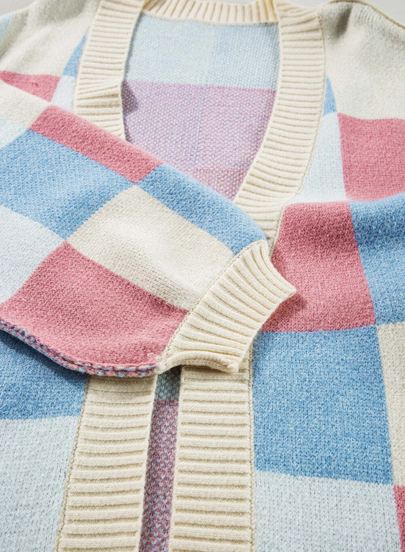 Women’s Checkered Open Front Seam Drop Shoulder Cardigan | Zarnesh