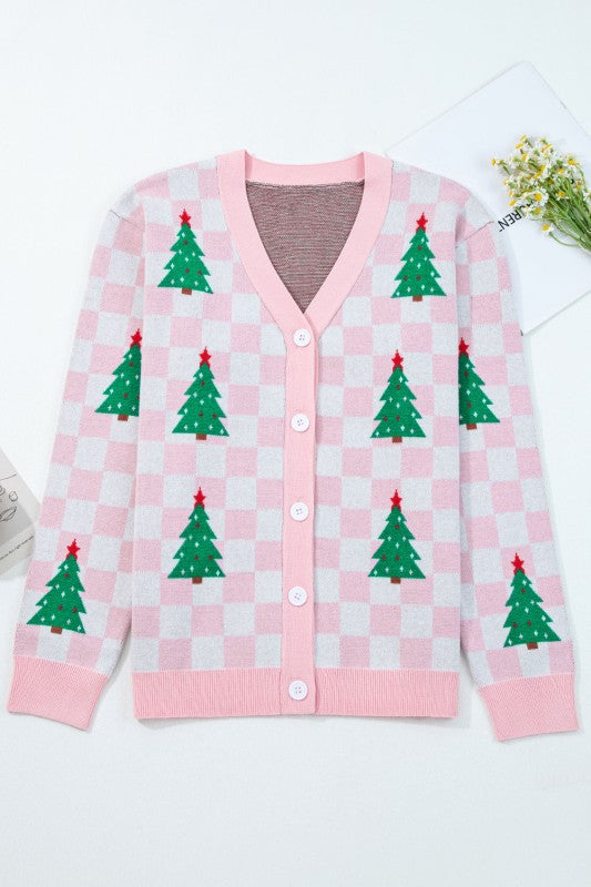 Women’s Checkered Christmas Tree Buttoned Cardigan Sweater | Zarnesh
