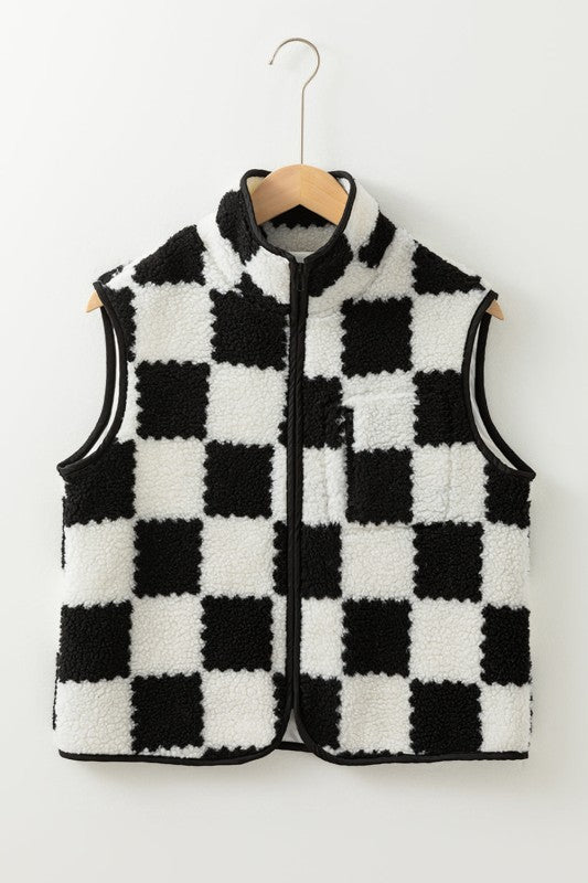 Women's Checkered Sherpa Collared Jacket Vest | Zarnesh
