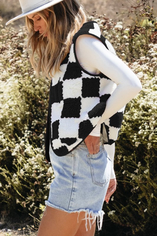 Women's Checkered Sherpa Collared Jacket Vest | Zarnesh