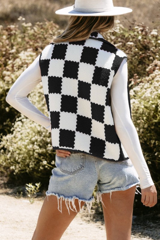 Women's Checkered Sherpa Collared Jacket Vest | Zarnesh