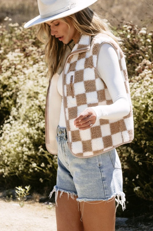 Women's Checkered Sherpa Collared Jacket Vest | Zarnesh
