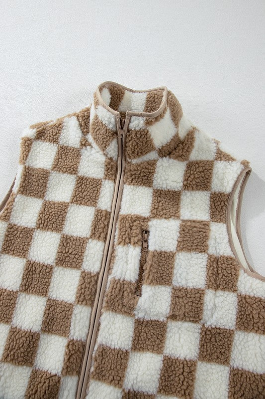 Women Checkered Sherpa Zipper Closure Collared Jacket Vest Zarnesh