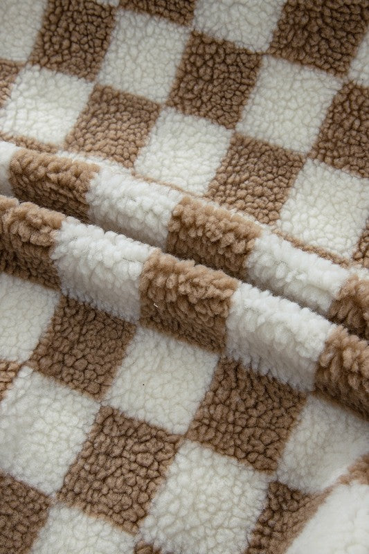Women Checkered Sherpa Zipper Closure Collared Jacket Vest Zarnesh