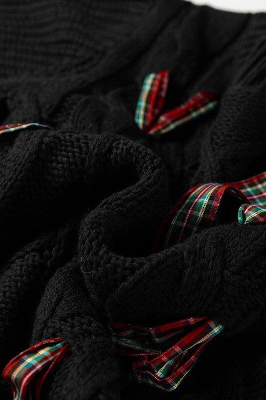 Women’s Christmas Lace-Up Plaid Bows Puff Sleeve Sweater | Zarnesh