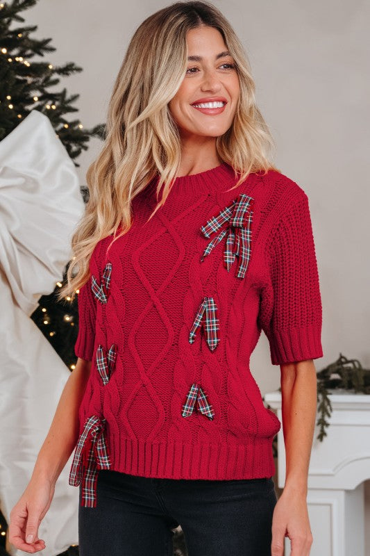 Women’s Christmas Lace-Up Plaid Bows Puff Sleeve Sweater | Zarnesh