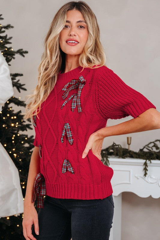 Women’s Christmas Lace-Up Plaid Bows Puff Sleeve Sweater | Zarnesh