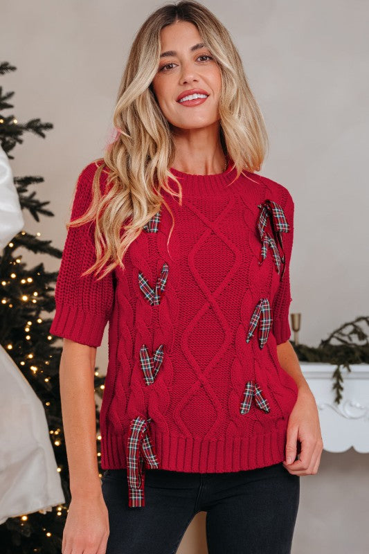 Women’s Christmas Lace-Up Plaid Bows Puff Sleeve Sweater | Zarnesh