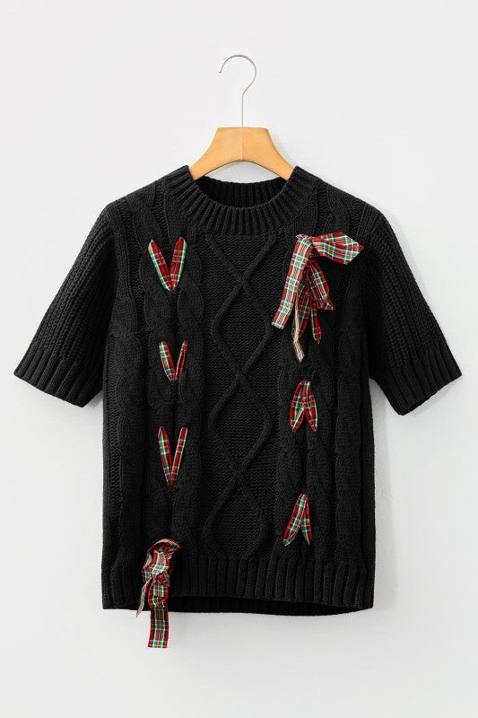 Women’s Christmas Lace-Up Plaid Bows Puff Sleeve Sweater | Zarnesh