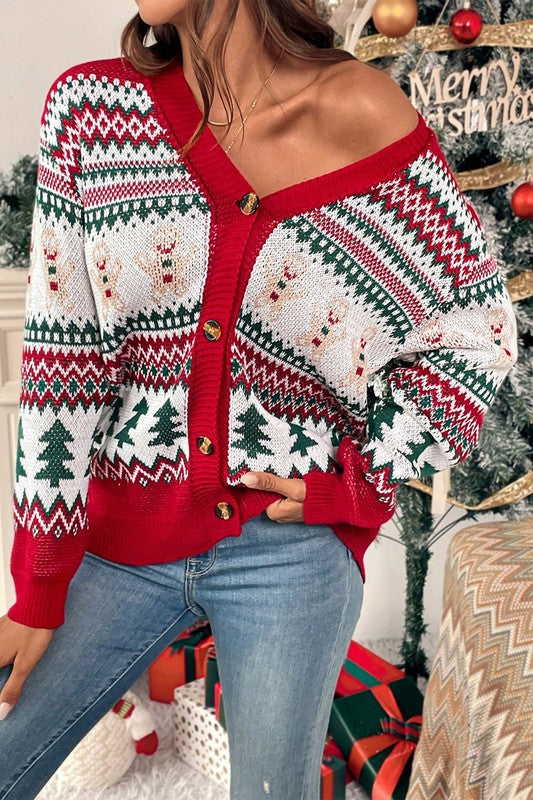 Women's Christmas Print Knit Button Down Loose Cardigan | Zarnesh