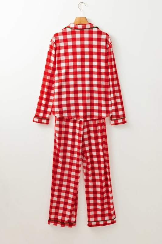 Women’s Christmas Trim Gingham Plaid Contrast Button Pajama Set | Zarnesh