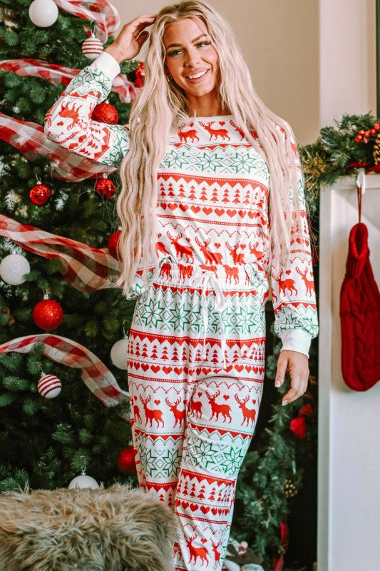 Women’s Christmas Reindeer Print Isle Stripe Holiday Pajama Set | Zarnesh