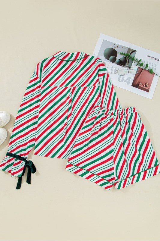 Women’s Christmas Stripe Bow Cuffs Pajama Set | Zarnesh