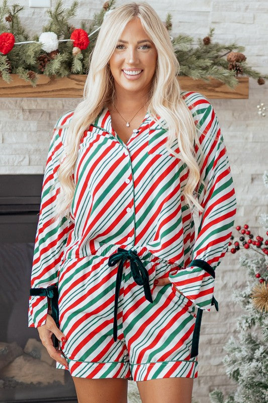 Women’s Christmas Stripe Bow Cuffs Pajama Set | Zarnesh