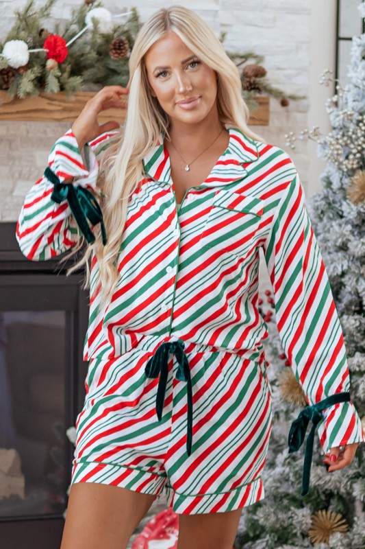 Women’s Christmas Stripe Bow Cuffs Pajama Set | Zarnesh