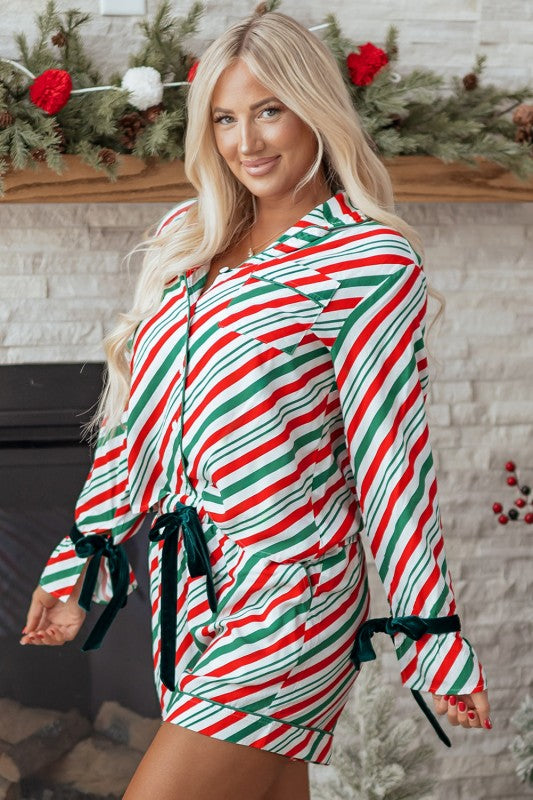 Women’s Christmas Stripe Bow Cuffs Pajama Set | Zarnesh