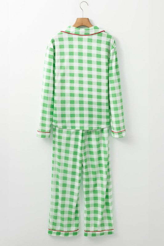 Women’s Christmas Trim Gingham Plaid Contrast Button Pajama Set | Zarnesh