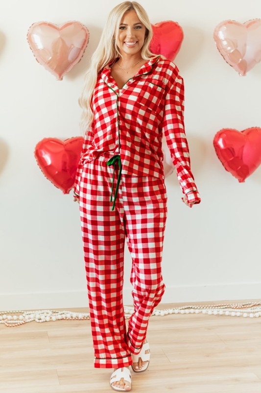 Women’s Christmas Trim Gingham Plaid Contrast Button Pajama Set | Zarnesh