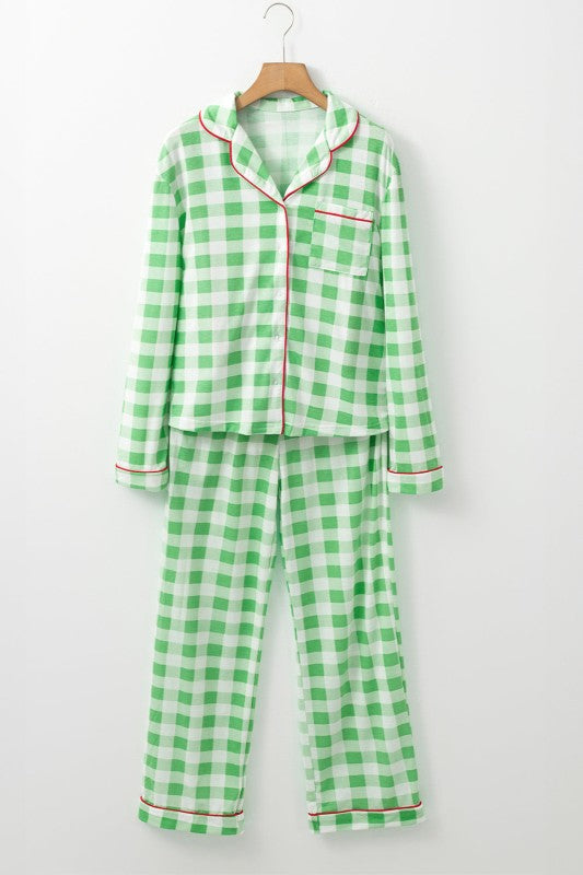 Women’s Christmas Trim Gingham Plaid Contrast Button Pajama Set | Zarnesh