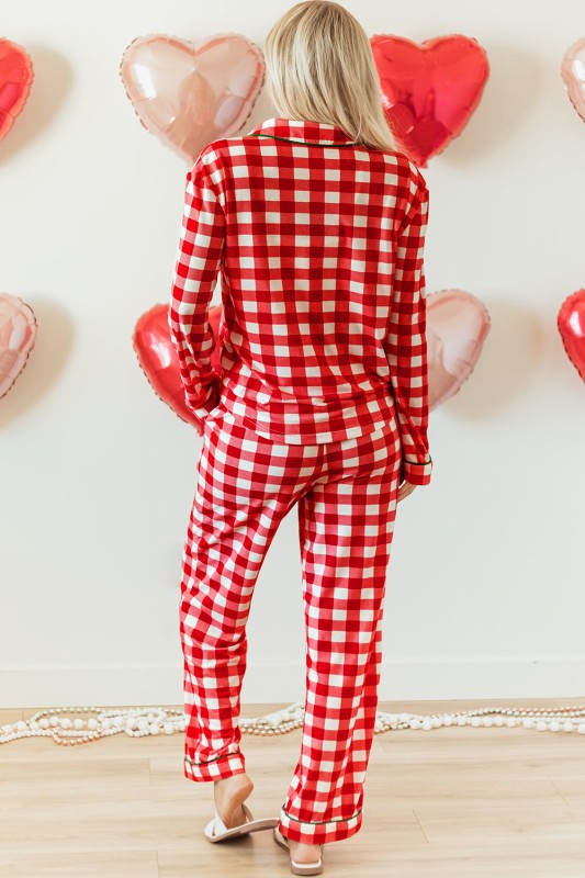 Women’s Christmas Trim Gingham Plaid Contrast Button Pajama Set | Zarnesh