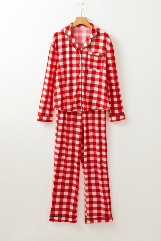 Women’s Christmas Trim Gingham Plaid Contrast Button Pajama Set | Zarnesh