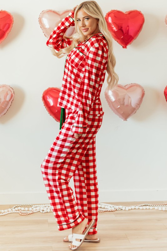 Women’s Christmas Trim Gingham Plaid Contrast Button Pajama Set | Zarnesh