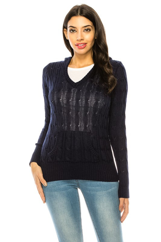 Women’s Chunky V-Neck Cable Knit Hoodie Sweater | Zarnesh