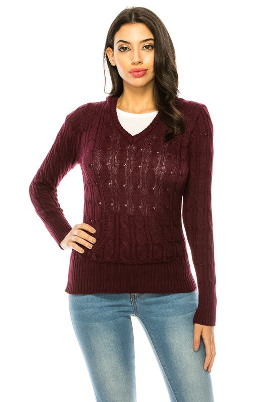 Women’s Chunky V-Neck Cable Knit Hoodie Sweater | Zarnesh