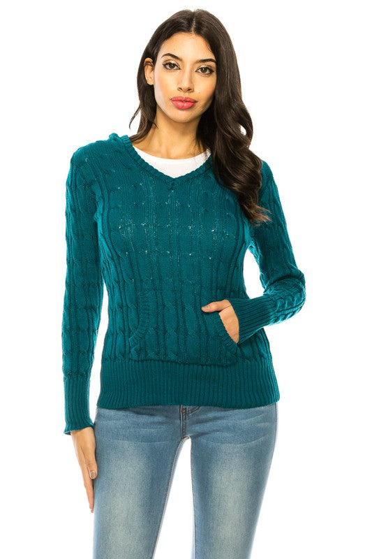 Women’s Chunky V-Neck Cable Knit Hoodie Sweater | Zarnesh