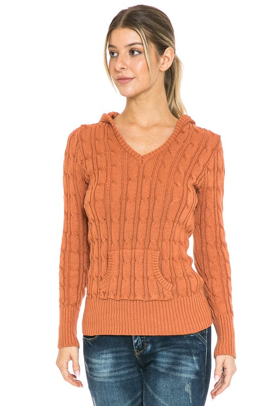 Women’s Chunky V-Neck Cable Knit Hoodie Sweater | Zarnesh