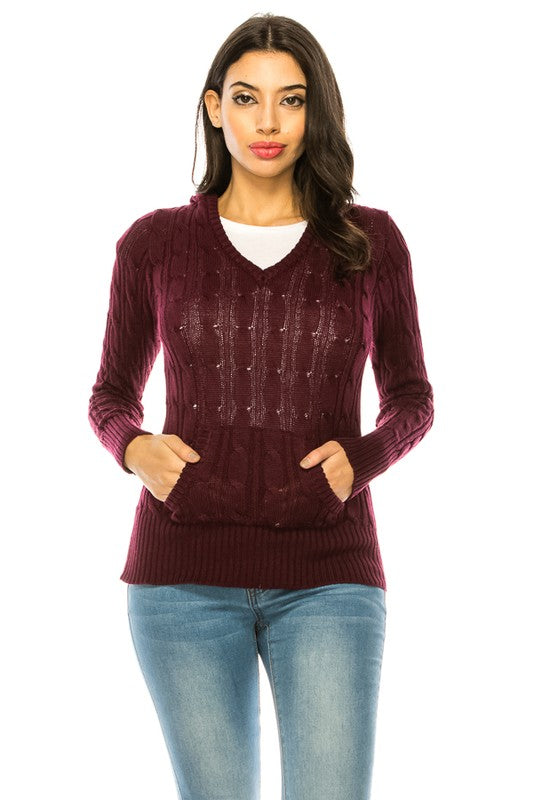 Women’s Chunky V-Neck Cable Knit Hoodie Sweater | Zarnesh